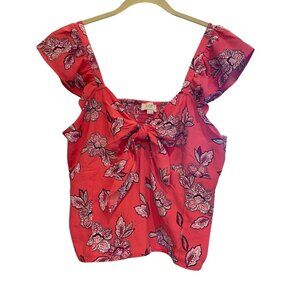 Ann Taylor LOFT Crop Top Size 12 Pink Floral Flutter Sleeve Tie Front V Neck